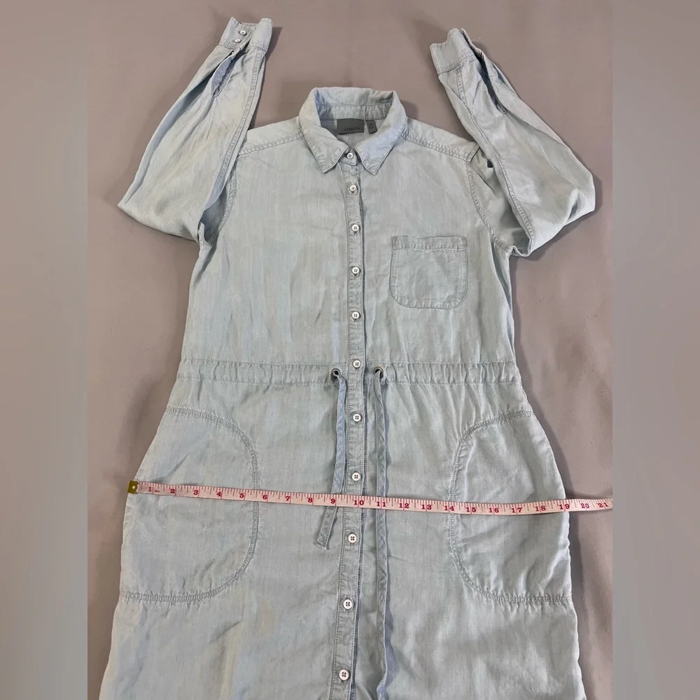 Athleta Shirt Dress Womens Sz XXS Stellar Cinch Tie Waist Button Up Chambray‎